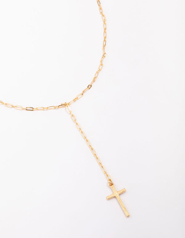 Gold Plated Cable Cross Lariat Necklace