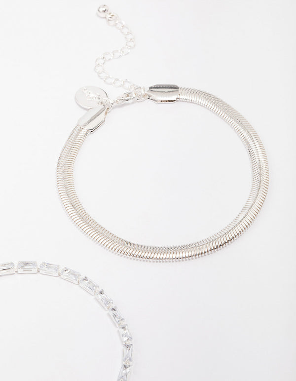 Silver Plated Cubic Zirconia Baguette Snake Double Chain Bracelet Pack