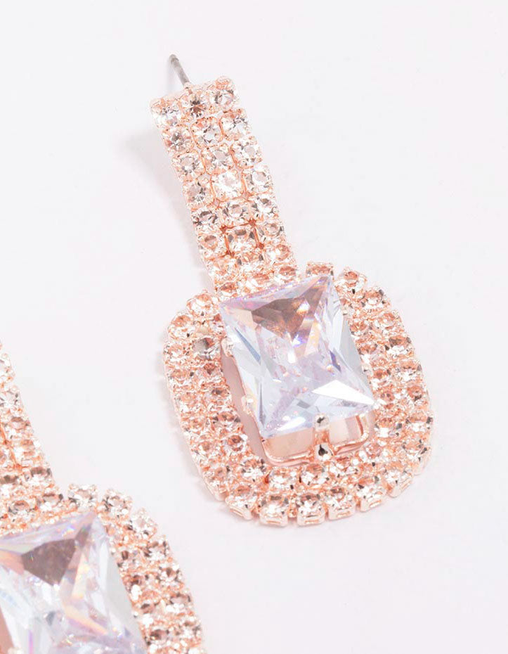Rose Gold Emerald-Cut Diamante Drop Earrings