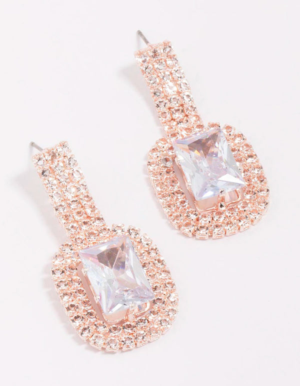 Rose Gold Emerald-Cut Diamante Drop Earrings