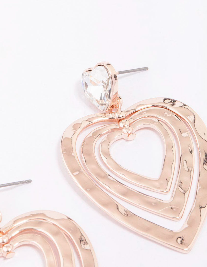 Rose Gold Triple Heart Diamante Drop Earrings