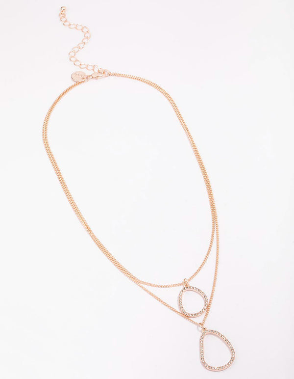 Rose Gold Oval Drop Diamante Layered Necklace