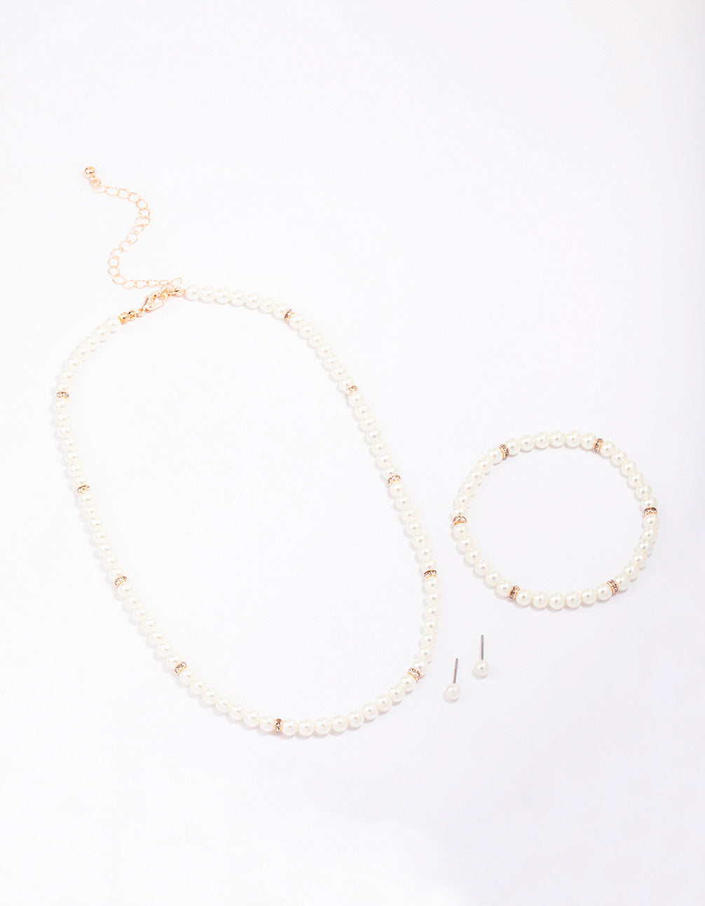 Rose Gold Pearl Necklace, Earrings & Bracelet Set