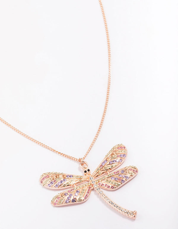 Rose Gold Dragonfly Cluster Diamante Pendant Necklace