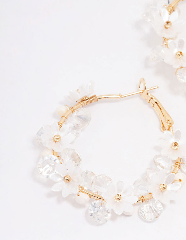 Gold Plated Freshwater Pearl Diamante Flower Hoop Earrings