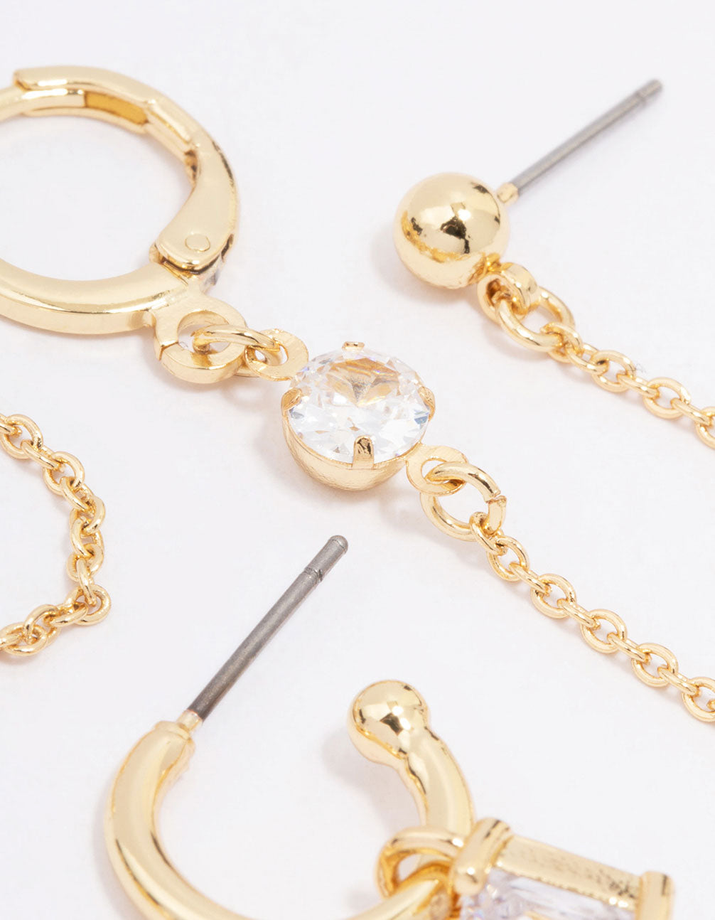 Gold Plated Baguette Hoop & Chain Earring 3-Pack