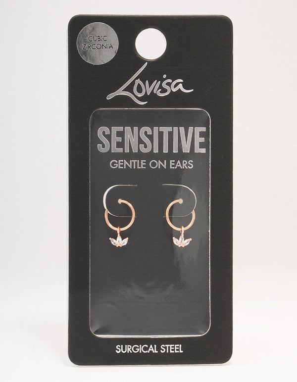 Rose Gold Plated Surgical Steel Cubic Zirconia Trio Marquise Hoop Earrings