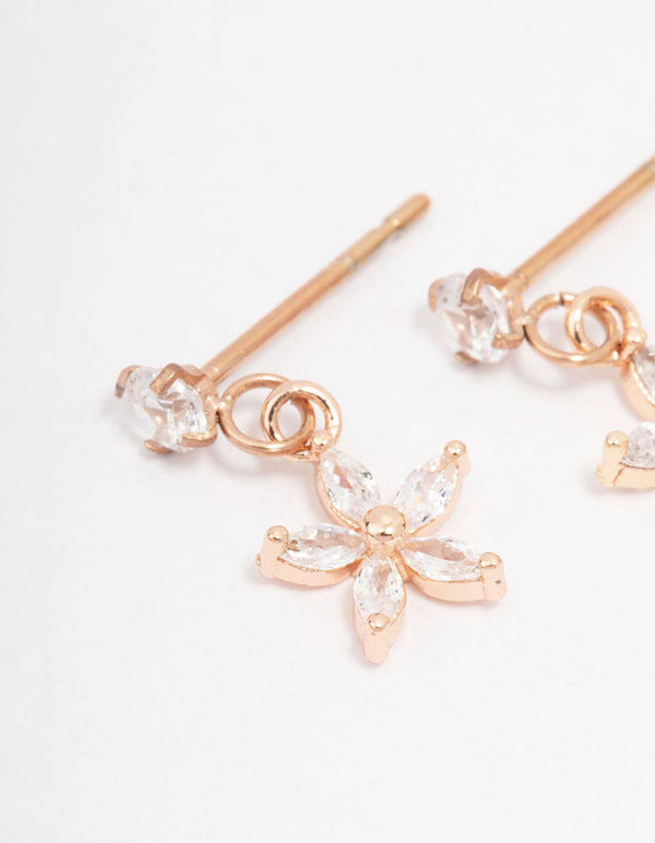 Rose Gold Plated Surgical Steel Cubic Zirconia Flower Drop Stud Earrings