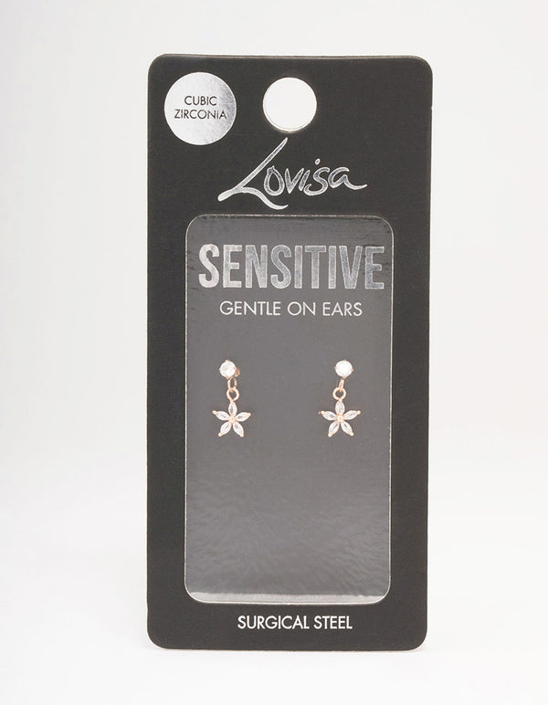 Rose Gold Plated Surgical Steel Cubic Zirconia Flower Drop Stud Earrings