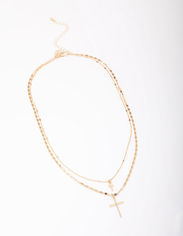 Gold Double Cross Layered Necklace