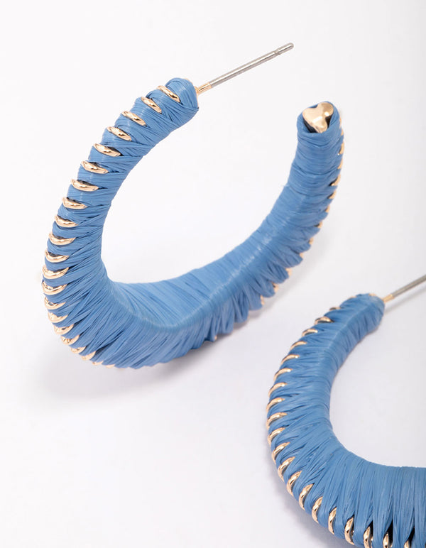 Blue Medium Fabric C-Shaped Hoop Earrings