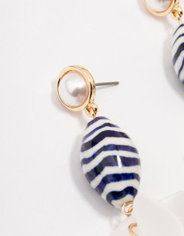Gold Pearl Petal & Beaded Drop Earrings