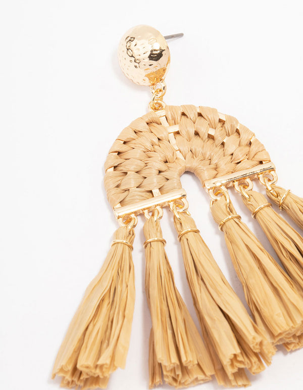 Neutral Raffia Tassel Drop Earrings
