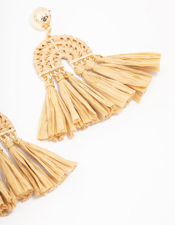 Neutral Raffia Tassel Drop Earrings