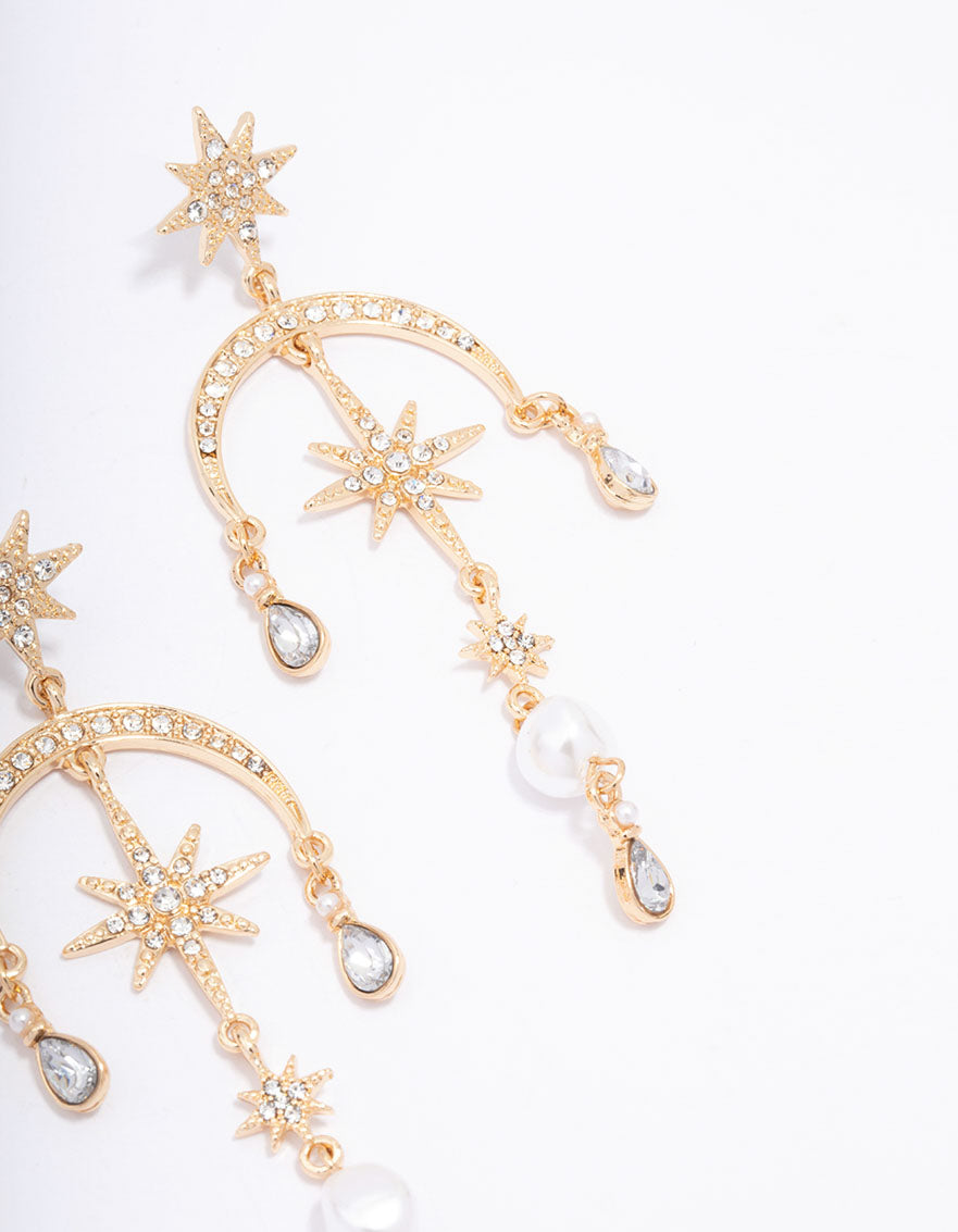Gold Celestial Pearl Drop Earrings