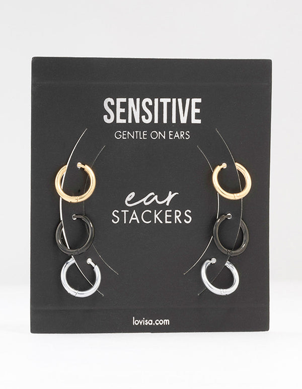 Thin Mixed Metal Hoop Earrings 3-Pack 12MM