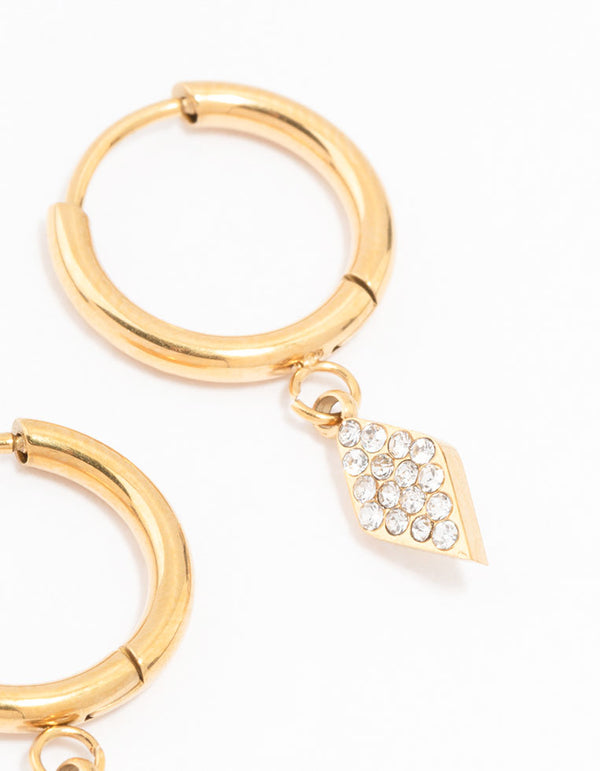 Gold Plated Surgical Steel Pave Diamante Charm Huggie Earrings