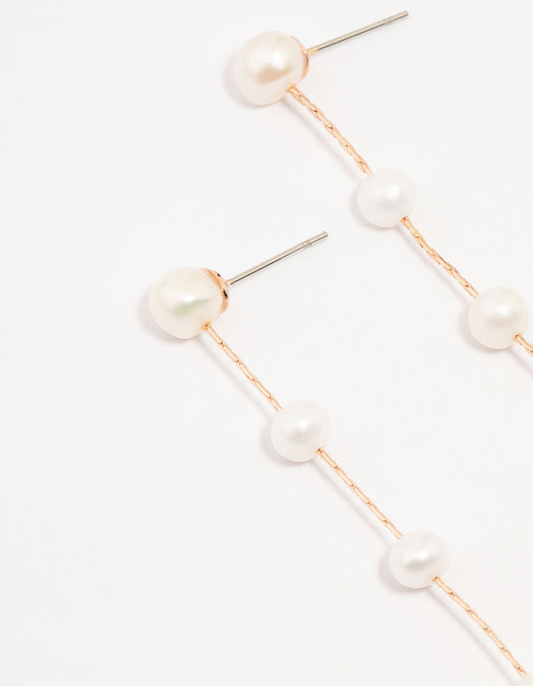 Rose Gold Plated Freshwater Pearl Long Drop Earrings