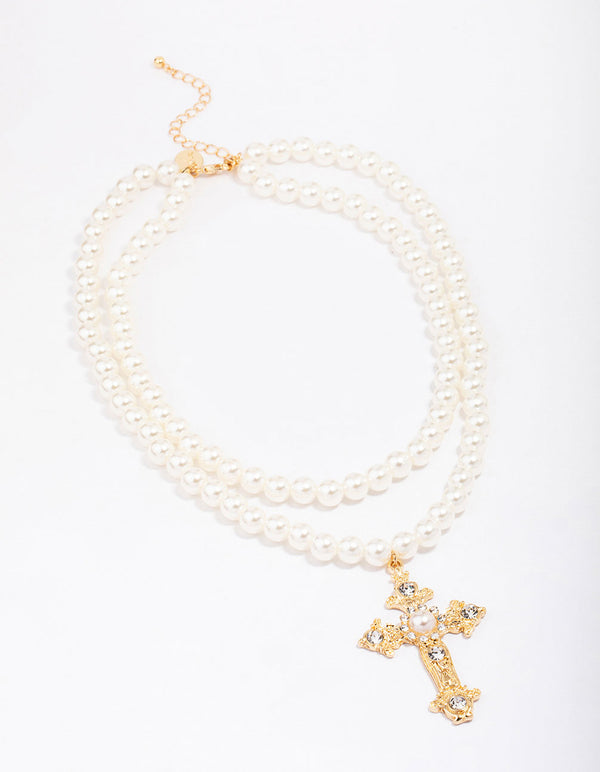 Gold Pearl Cross Multi Row Layered Necklace