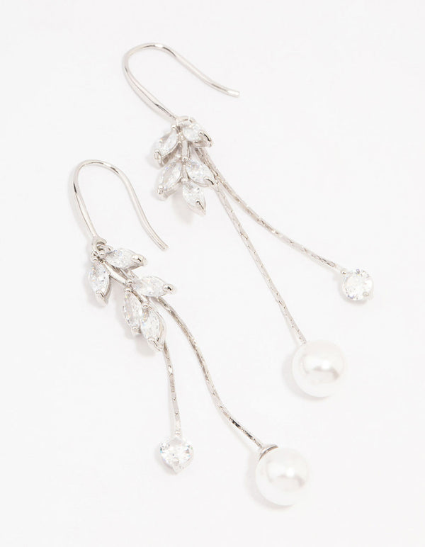 Silver Cubic Zirconia Leaf & Pearl Drop Earrings
