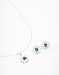 Rhodium Cubic Zirconia Daisy Sapphire Jewellery Set - link has visual effect only