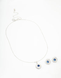 Rhodium Cubic Zirconia Daisy Sapphire Jewellery Set - link has visual effect only