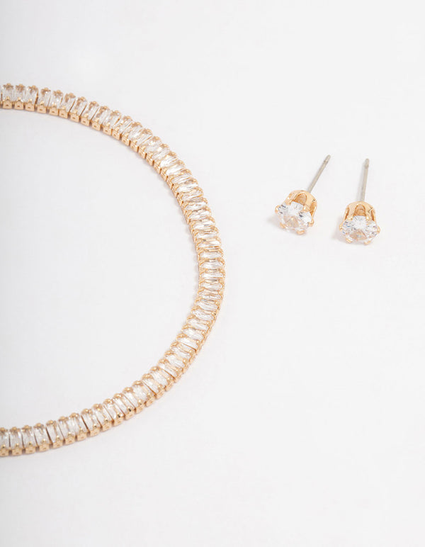 Gold Cubic Zirconia Baguette Tennis Bracelet & Earring Set