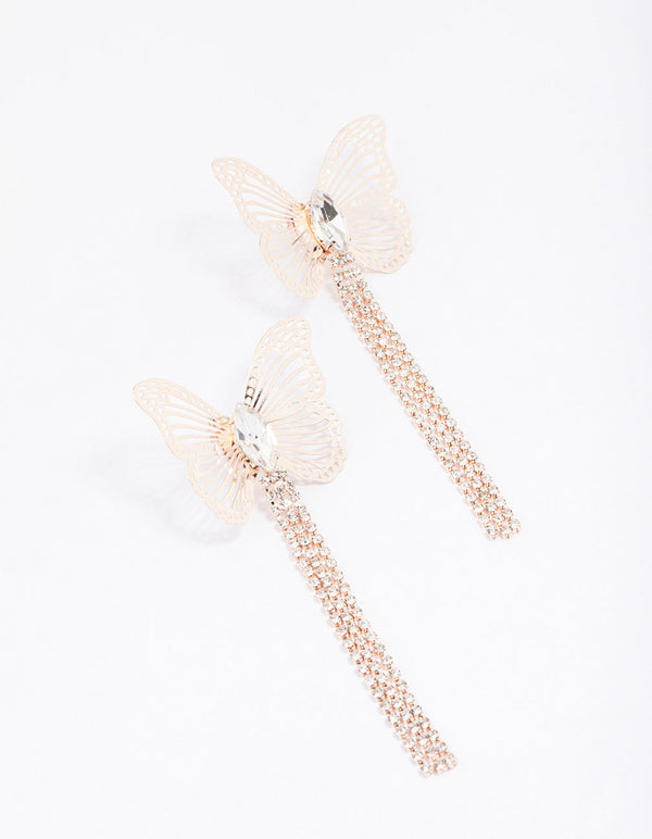 Rose Gold Butterfly Diamante Cupchain Drop Earrings
