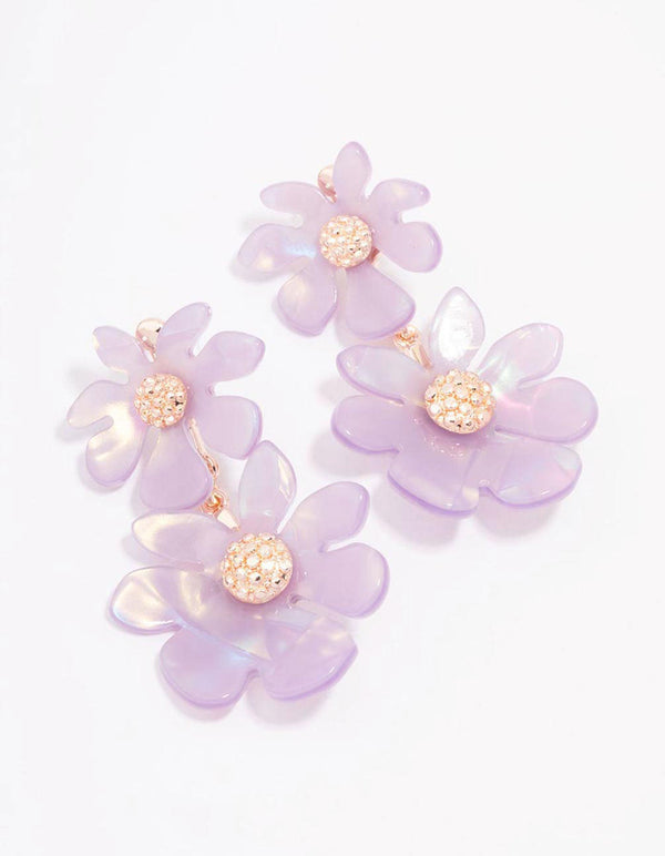 Lilac Flower Diamante Drop Earrings