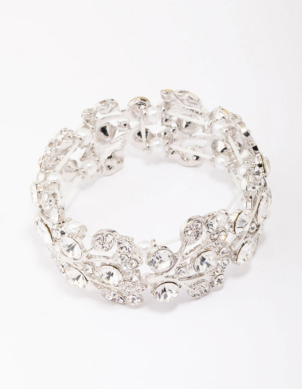 Rhodium Diamante Pearl Stretch Bracelet