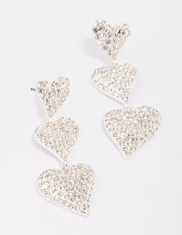 Silver Triple Diamante Heart Drop Earrings