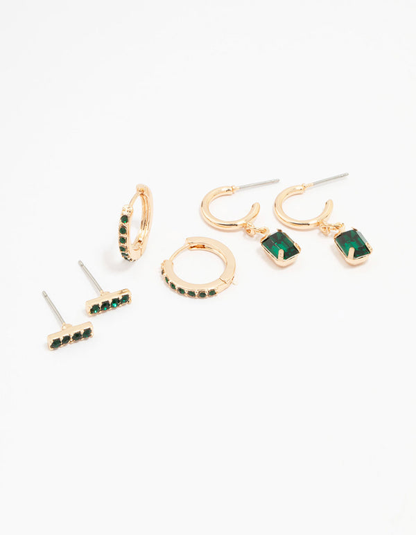 Gold Emerald Stud Earring 3-Pack