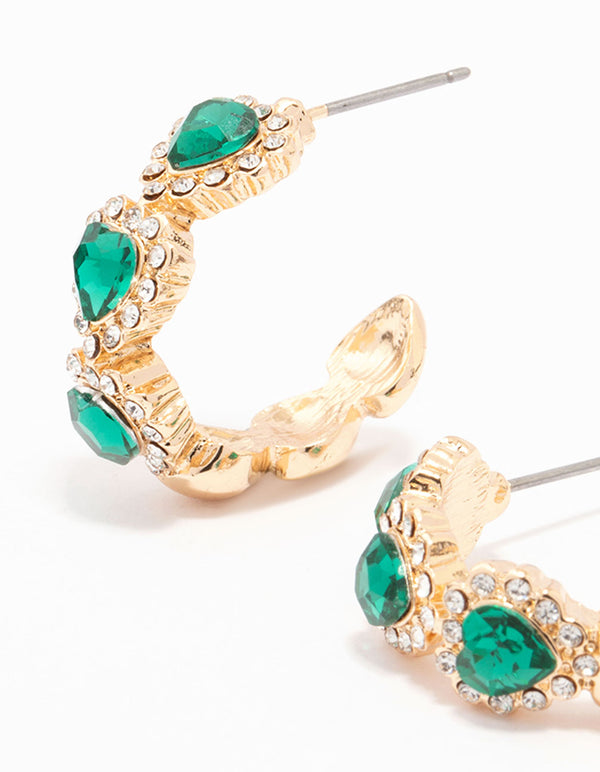 Gold Emerald Heart Hoop Earrings