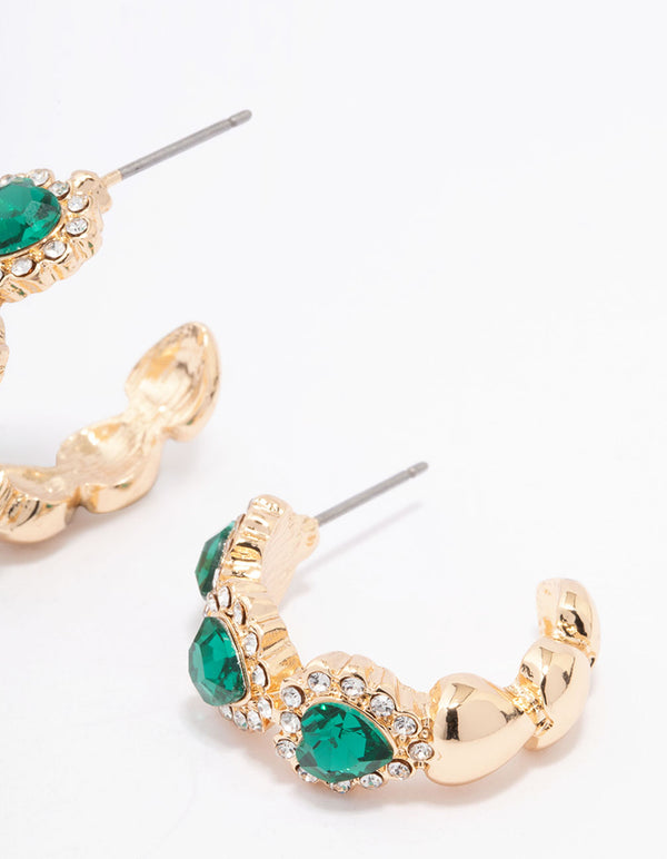 Gold Emerald Heart Hoop Earrings