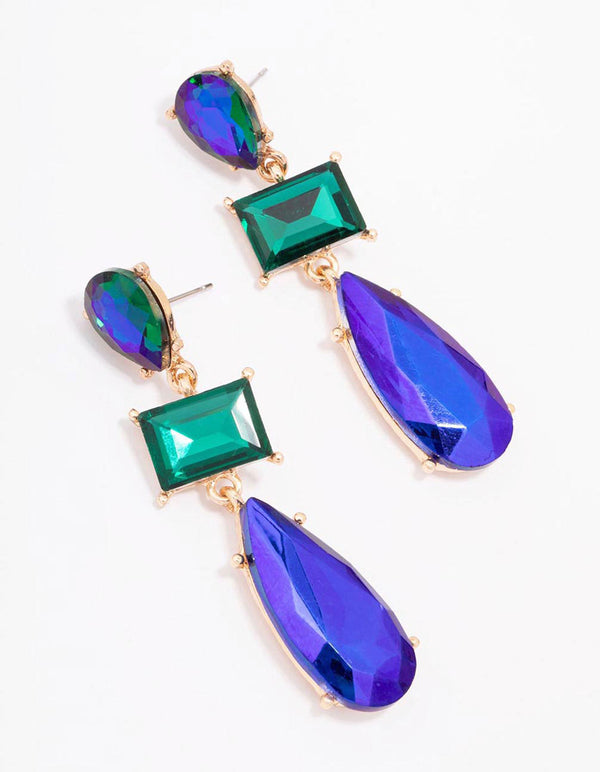 Gold Multi Blue & Green Stone Drop Earrings