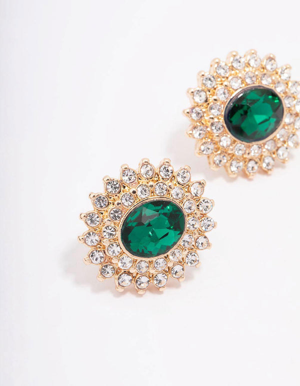 Gold Oval Emerald Circle Stud Earrings