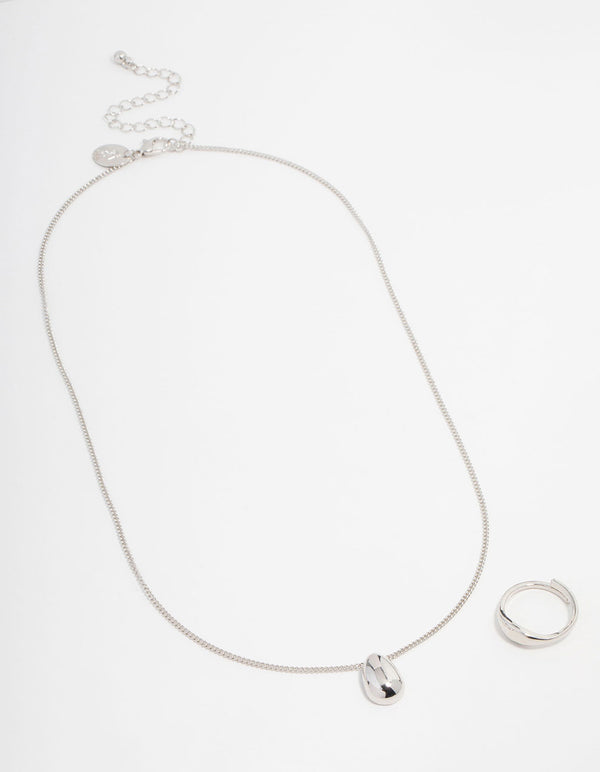 Silver Smooth Stone Necklace & Ring Set