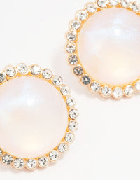 Gold Round Diamante Pearl Stud Earrings - link has visual effect only