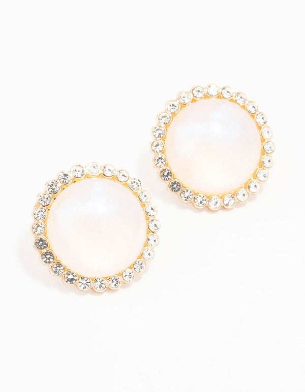 Gold Round Diamante Pearl Stud Earrings