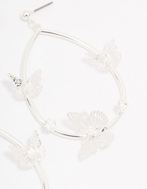Silver Butterfly Oval Drop Earrings