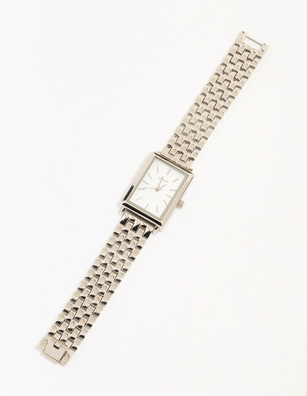 Discover this silver white rectangle watch with link band designed for women featuring formal occasion styling and analog type front view