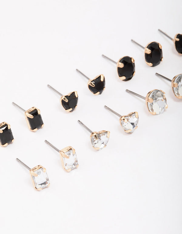 Silver Black Diamante Stud Earring 8-Pack