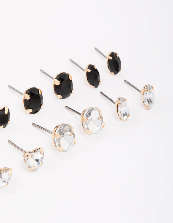Silver Black Diamante Stud Earring 8-Pack