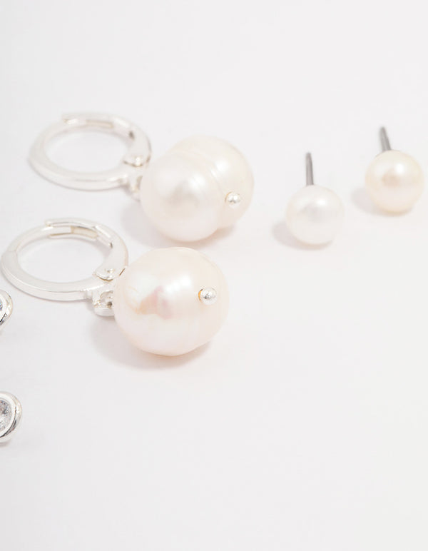 Silver Plated Brass  Freshwater Pearl Earring 4-Pack