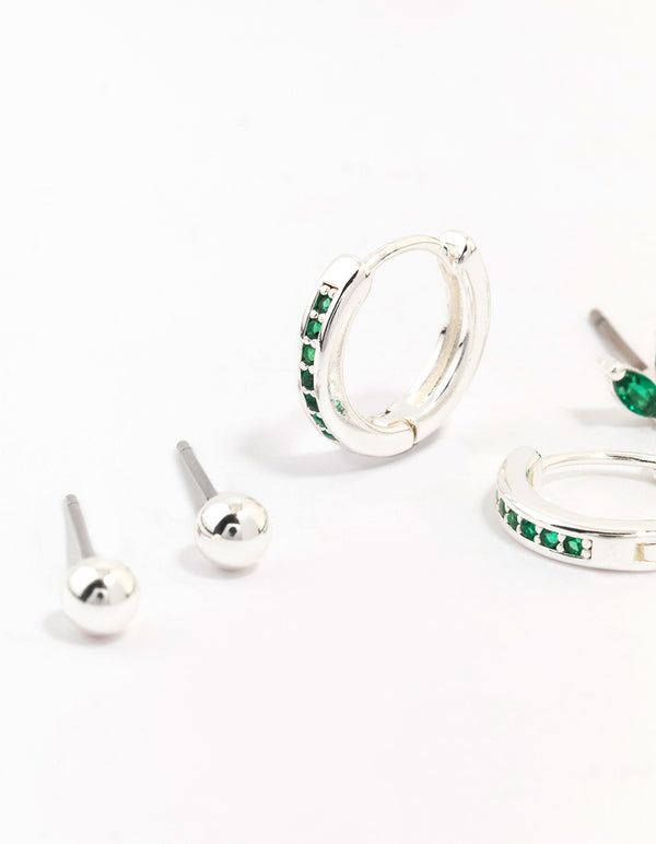 Silver Plated Brass  Cubic Zirconia Marquise Stud & Huggie Hoop Earring Pack