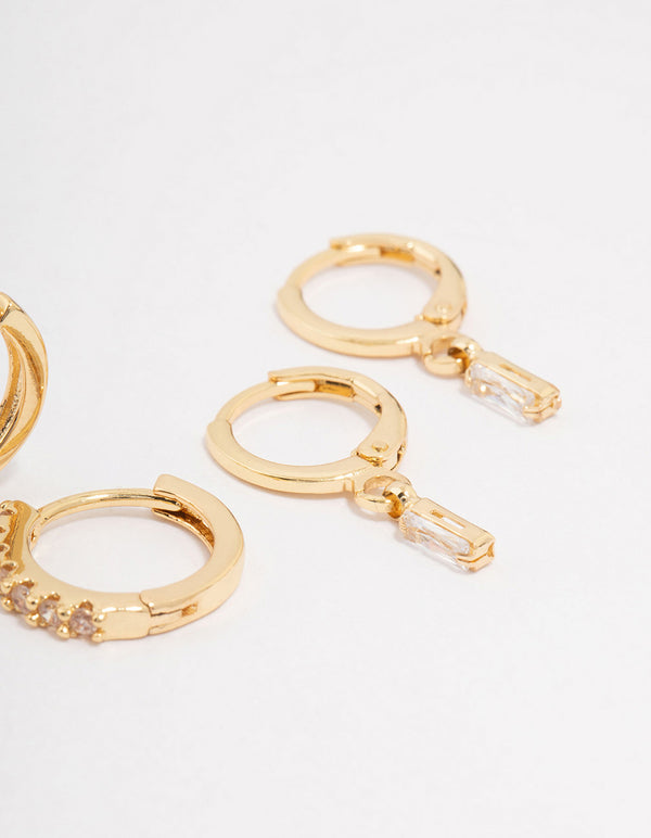 Gold Plated Brass Baguette Stud & Huggie Earring 3-Pack
