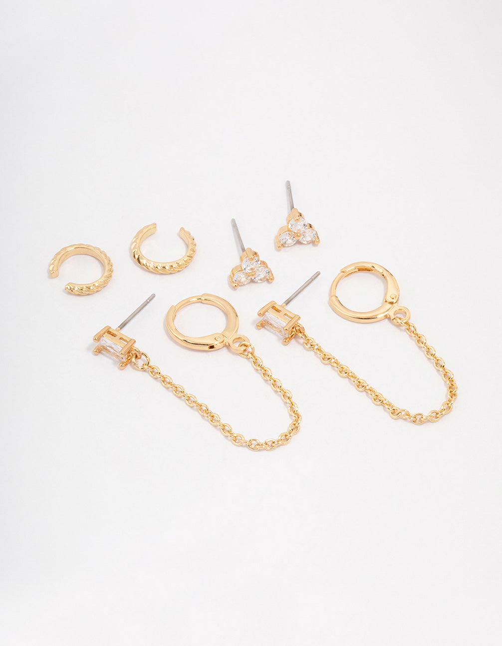 Gold Plated Brass Baguette Chain Flower Earring 4-Pack