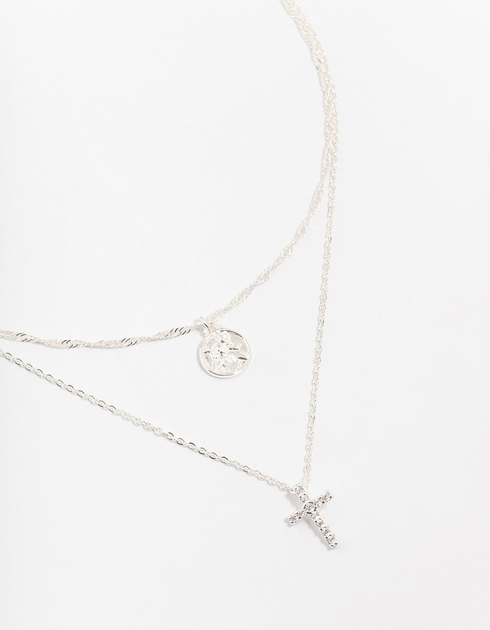 Silver Plated Brass  Cubic Zirconia Cross Coin Layered Necklace