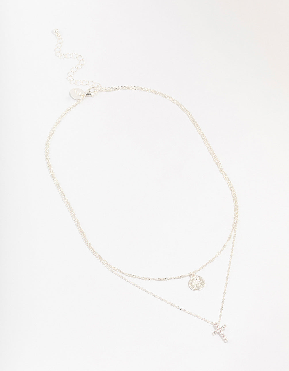 Silver Plated Brass  Cubic Zirconia Cross Coin Layered Necklace