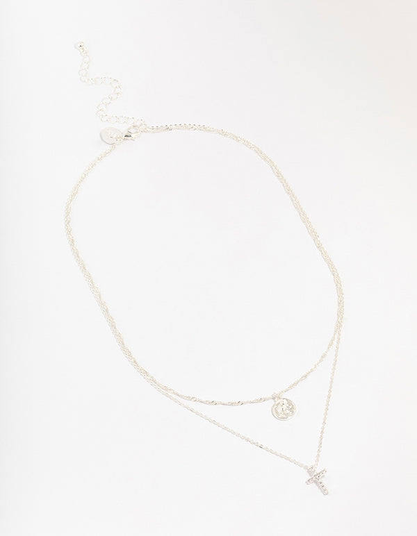 Silver Plated Brass  Cubic Zirconia Cross Coin Layered Necklace